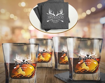 Personalize Squre Rock glass set of 4, Engraved Whiskey glasses, Bourbon Glasses with Coasters, Deer Antler Design, Groomsmen Gift