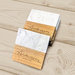 Custom Engraved Marble and wood Coasters Perfect for Your Coffee Table, Wedding Wood Coasters, and Ideal Housewarming Gift, Christmas Gift