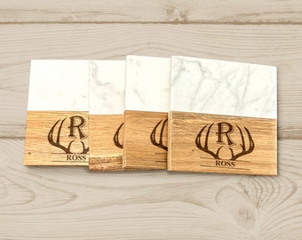 Customized Marble and Wood Coasters: Thoughtful Presents for Mom, Grandma, and Special Occasions - Deer Antler Design - Personalized Coaster