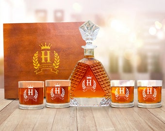 Personalized Whiskey Decanter Set: Engraved Glasses, Wooden Box