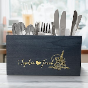 Custom Wedding  Silverware Caddy, kitchen Utensil Holder,Personalize Caddy,  Picnic Caddy, Customized Caddy for newly wed