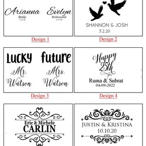 May include: Six different designs for wedding or anniversary gifts. The designs feature various fonts, graphics, and text, such as "Lucky future", "Happy 25th", and "Eric & Michele Carlin".