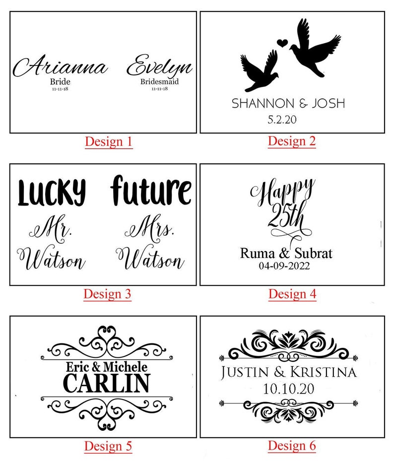 May include: Six different designs for wedding or anniversary gifts. The designs feature various fonts, graphics, and text, such as "Lucky future", "Happy 25th", and "Eric & Michele Carlin".