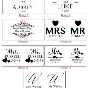 May include: Thirteen different designs for wedding or anniversary wooden signs. The designs feature various fonts, styles, and layouts, including hearts, swirls, and simple text. The signs are perfect for displaying names, dates, and messages.