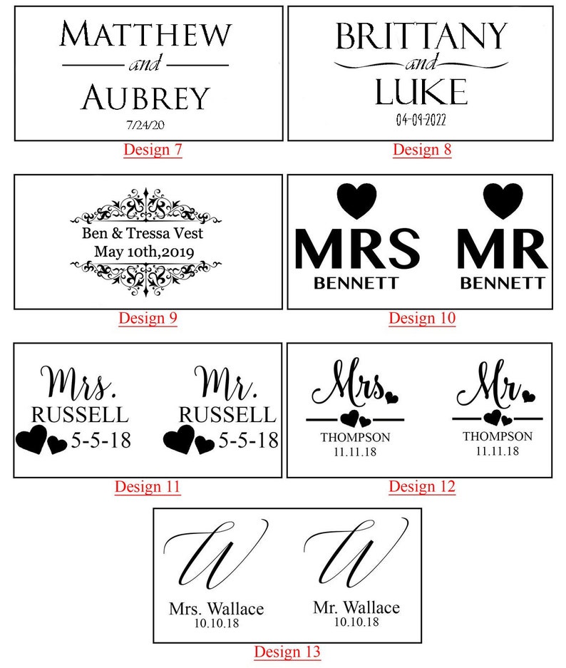 May include: Thirteen different designs for wedding or anniversary wooden signs. The designs feature various fonts, styles, and layouts, including hearts, swirls, and simple text. The signs are perfect for displaying names, dates, and messages.