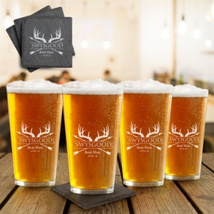 Personalize Beer glass set of 4 with Coasters, Premium Engraved Pint glasses, Great Gift For Groomsmen, Wedding Gift,Deer Antler Design