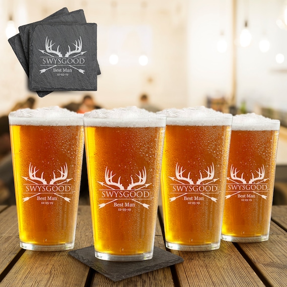 Personalize Beer Glass Set of 4 With Coasters, Premium Engraved Pint Glasses,  Great Gift for Groomsmen, Wedding Gift,deer Antler Design 