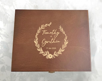 Engraved Walnut Finish Pine Wood Keepsake Box: Personalized Wedding Memory Box