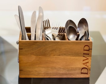 Dostosuj nazwę Srebrny pojemnik na sztućce, uchwyt na przybory kuchenne, Personalizuj przybory kuchenne, Pojemnik piknikowy, uchwyt na narzędzia kuchenne, prezent na parapetówkę