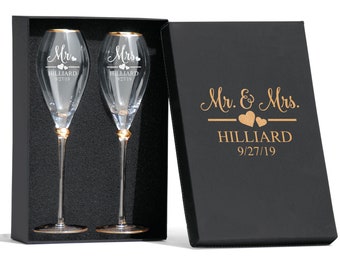 Personalized Wedding Champagne Flutes: Gold Rimmed Tulip Glasses with Gift Box
