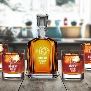 Juego de decantador personalizado con vasos de whisky, juego de decantador de regalo de boda, regalo de pareja, regalo para el novio, decantador de whisky con vaso, recién casados