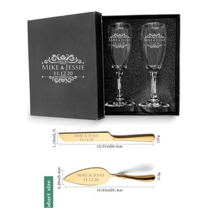 May include: A gold-colored cake server with a black box and two champagne flutes. The cake server and flutes are engraved with the text "Mike & Jessie 11.12.20".