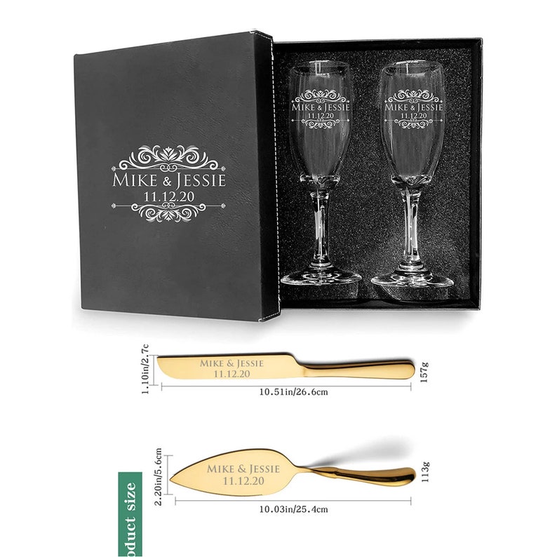 May include: A gold-colored cake server with a black box and two champagne flutes. The cake server and flutes are engraved with the text "Mike & Jessie 11.12.20".