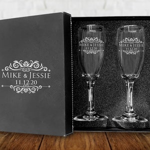 Juego de 2 copas de champán personalizadas para boda grabadas con caja -  Bride & Groom's Wedding Toast