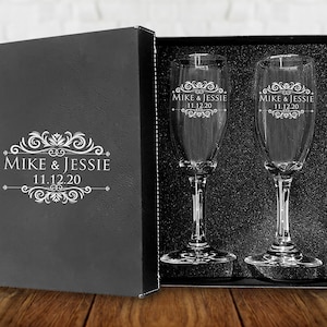 Juego de 2 copas de champán personalizadas para boda grabadas con caja -  Bride & Groom's Wedding Toast