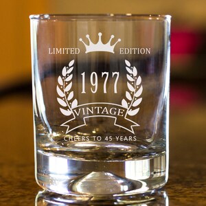 45th Birthday Etched Whiskey Rocks Glass - Vintage Limited Edition  Bourbon Scotch Old Fashioned Snifter Glass 1976 Birth year customized