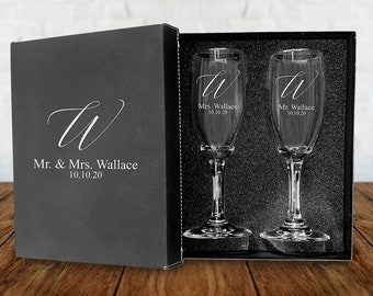 Personalized Wedding Champagne Flutes: Engraved Toasting Glasses, Set of 2