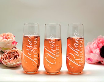 Engraved Stemless Champagne Flutes: Bridesmaid, Maid of Honor, Wedding Toast Glasses
