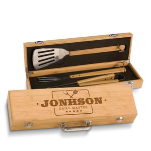 Grill Master tool set Personalized Elegance,Monogrammed Tool Set,customize for family friend,Wooden BBQ Grill set with fork, spatula, tongue