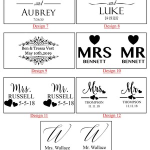 May include: Thirteen different designs for wedding or anniversary wooden signs. The designs feature various fonts, styles, and layouts, including hearts, swirls, and simple text. The signs are perfect for displaying names, dates, and messages.