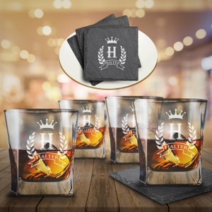 Personalize Squre Rock glass set of 4, Engraved Whiskey glasses, Etched Bourbon Glasses with Coasters, Wedding Gift,wedding favor