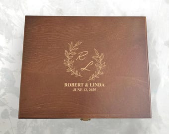 Engraved Walnut Finish Pine Wood Memory Box: Personalized Wedding Keepsake