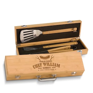 World famous Chef  BBQ Grill Tool Kit with Personalized Elegance, customize for him, Wooden BBQ Grill set with Fork, Spatula and Tongs