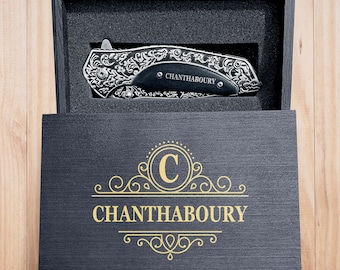 Personalized Pocket Knife with black Wooden Box Engraved, Folding Pocket Knife For Men, Christmas Gift, Classy floral pattern Design