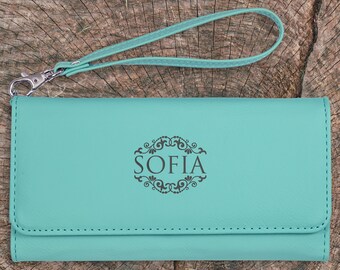 Personalized Leatherette Wallet: Floral Clutch with Wrist Strap