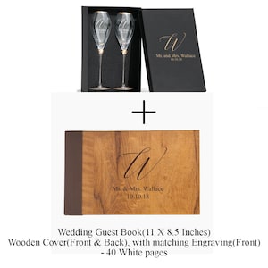 May include: A wooden wedding guest book with a brown cover and a gold engraved design. The cover has the initials "W" and the text "Mr. & Mrs. Wallace 10.10.18". The book is 11 inches by 8.5 inches and has 40 white pages.