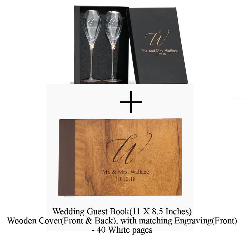May include: A wooden wedding guest book with a brown cover and a gold engraved design. The cover has the initials "W" and the text "Mr. & Mrs. Wallace 10.10.18". The book is 11 inches by 8.5 inches and has 40 white pages.