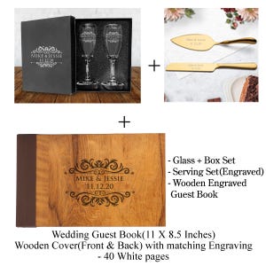 May include: A wedding guest book with a wooden cover and engraved names "Mike & Jessie" and date "11.12.20". The book has 40 white pages. Also included are a glass and box set, a serving set with engraved names, and a wooden engraved guest book.