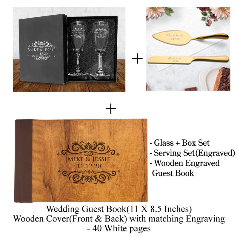 May include: A wedding guest book with a wooden cover and engraved names "Mike & Jessie" and date "11.12.20". The book has 40 white pages. Also included are a glass and box set, a serving set with engraved names, and a wooden engraved guest book.