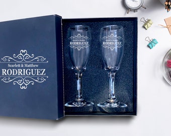 Personalized Wedding Champagne Flutes: Engraved Names, Set of 2