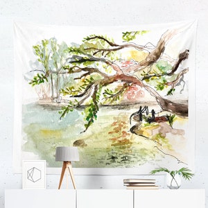 Watercolor Tapestry, The Two Fishermen, Watercolor Backdrop, Watercolor Painting, Japanese Backdrop, Watercolour Decor, Wall Hanging, Art
