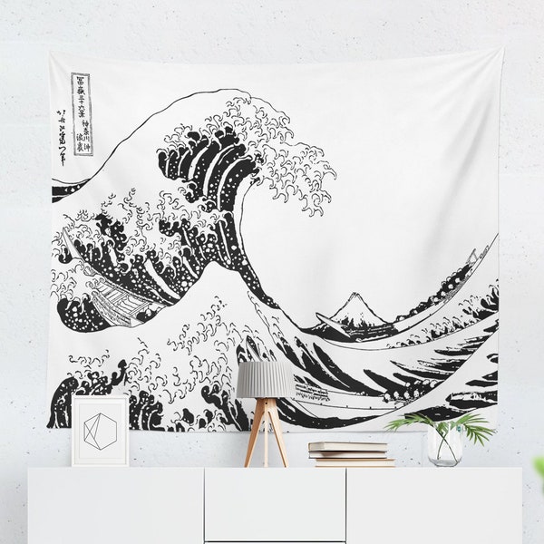 The Great Wave Off Kanagawa Tapestry, Japan Tapestry, Black and White Tapestry, Hokusai, Wave Painting, The Great Wave, Japanese Backdrop