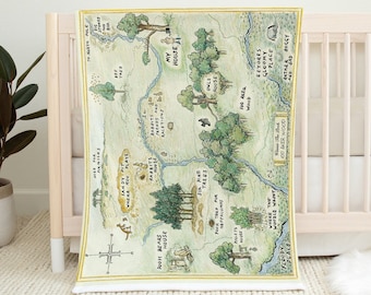 May include: A vintage-style map of the Hundred Acre Wood from Winnie the Pooh, featuring hand-drawn illustrations of Pooh Bear's house, Rabbit's burrow, Owl's house, and other locations. The map is printed on a cream-colored background with a yellow border.