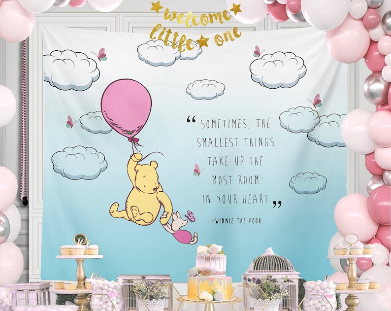 Winnie the Pooh Baby Shower Backdrop Girl Baby Shower Backdrop Pink Balloon Baby Shower Decor Winnie the Pooh Nursery Vintage