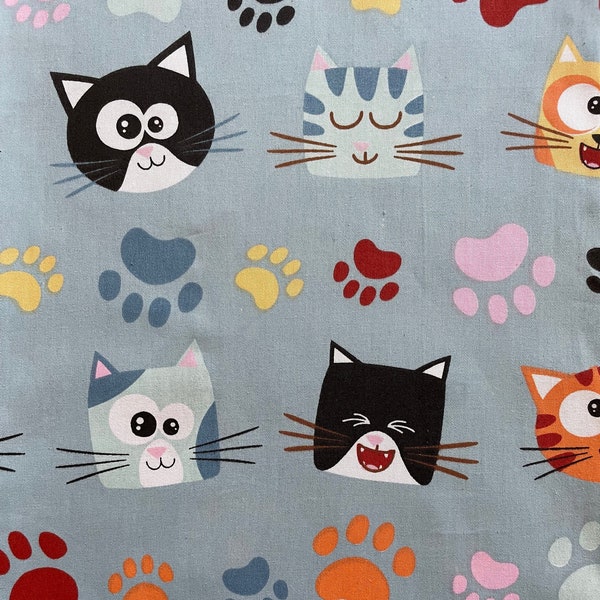 Tissu pour chats, Tissu dessin animé bleu clair, Tissu à motifs de chats, Tissu par mètre, Tissu pour masques, Couvertures pour bébés, Tissu en coton, créations artisanales