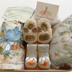 Peut inclure: Un panier-cadeau rempli d'articles pour bébé, comprenant une couverture bleu et blanche avec un motif de Lapin de Pâques, un lange en mousseline vert clair, une paire de chaussons en fourrure brune pour bébé, une paire de chaussettes grises avec des accents orange et une carte qui dit "Même le plus petit geste peut changer le monde."