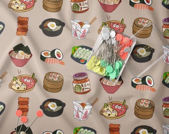 Tela de comida asiática, tela de sushi, tela japonesa, mascarilla de ramen, tela con sutiles rasgos asiáticos, tela de algodón, kimchi, tela china, tela coreana