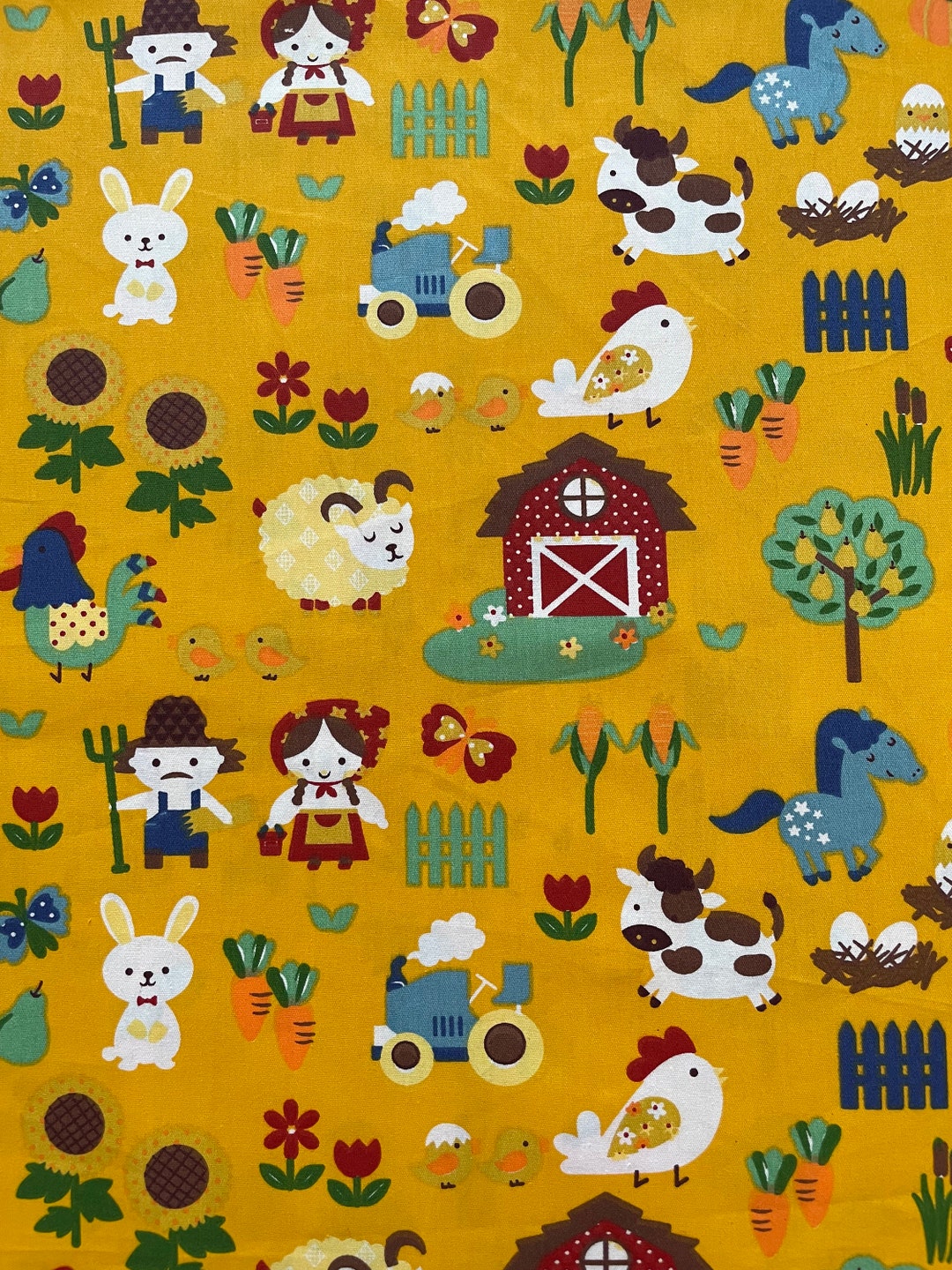 Farm Animals Fabric Barn Animal Fabric Yellow Fabric Fabric Etsy