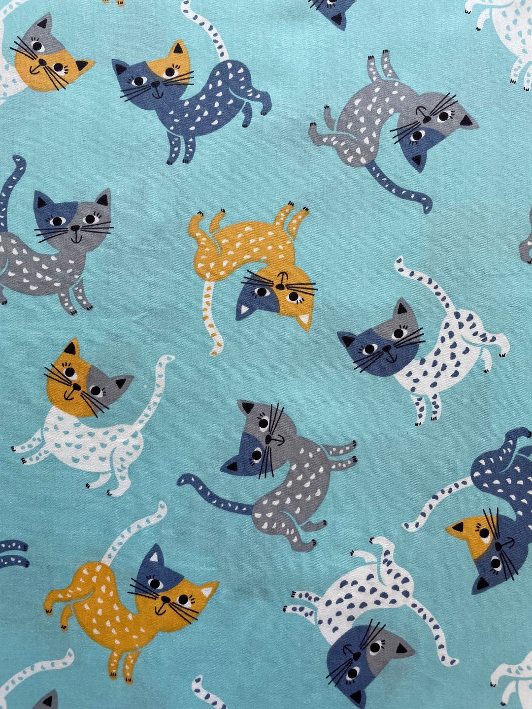 Cat Fabric, Turquoise Blue Animal Fabric, Cat Pattern Fabric, Fabric by