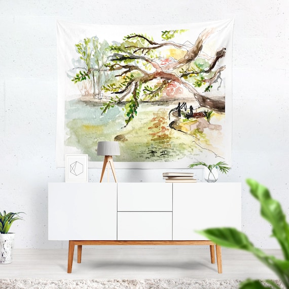 Watercolor Tapestry the Two Fishermen Watercolor Backdrop Watercolor Painting Japanese Backdrop Watercolour Decor Wall Hanging Art Etsy Australia