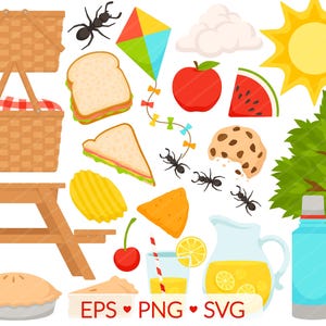 Picnic Clipart - Imagens SVG, PNG, EPS - Diversão ao ar livre na primavera e no verão no parque, Sanduíche Chips Torta de limonada Melancia, Piquenique Jantar Almoço