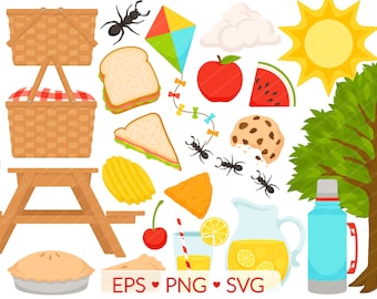 Clipart de picnic: Gráficos de verano al aire libre, cesta de picnic (SVG, PNG, EPS)