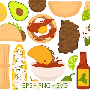 Authentiek Mexicaans eten Clipart - SVG, PNG, EPS-afbeeldingen - Elote Birria Street Taco, Tamale Cerveza Juevos Rancheros Empenada Guacamole Carne