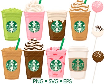 Cafe Coffee Clipart - SVG, PNG, EPS Images - Frappuccino Clip Art, Caramel Macchiato, Iced Coffee, Matcha Tea, Strawberry Drink