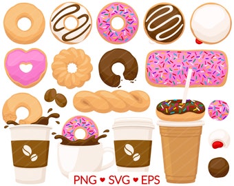 Donut & Coffee Clipart - SVG, PNG, EPS Images - Breakfast Clip Art, Donut Sublimation, Donut Holes, Pink Sprinkle Donut, Coffee Sublimation
