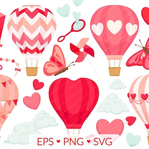 Valentinstag Heißluftballon Clipart - SVG, PNG, EPS Bilder - Valentinstag Liebe liegt in der Luft, Wolken Herzen Drachen Windrad Blasen Schmetterling